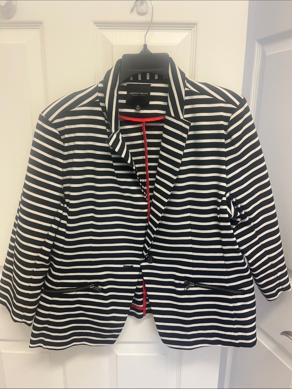 Christian Siriano Black and White Striped Blazer with Red Accent